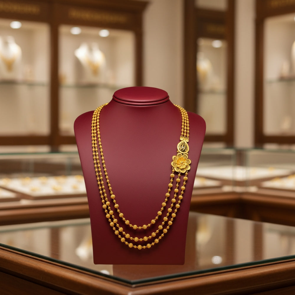 Triple Layered Floral Elegance 22K Gold Long Necklace